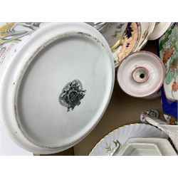 Twin handled cache pot in the style of Herend Hungary, stamped VA Portugal, decorated with birds upon branches, Mason's Ironstone large footed bowl in the Mandarin pattern, Spode Gainsborough bowl, Royal Doulton Bird of Paradise plate c1938 D4602, lustre plates, Aynsley, oriental style lidded vase, Portmeirion, lattice creamware, J & G Meakin Sol, Wedgwood, studio pottery, Spode York Minister boxed plate etc