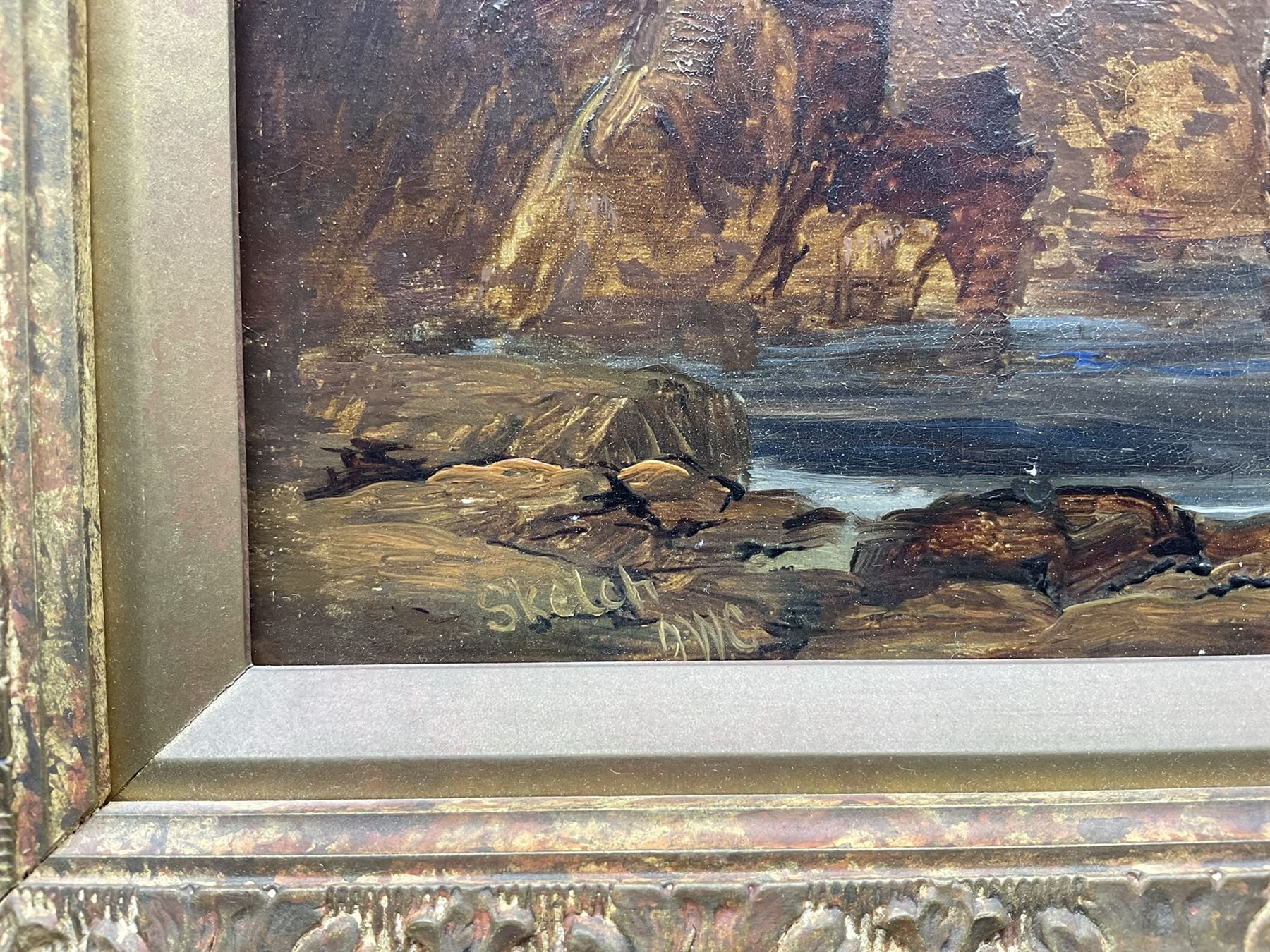 John Wilson Carmichael (British 1800-1868): On the Beach at Cullercoats, oil on board signed with initials and inscribed 'Sketch' 24cm x 34cm