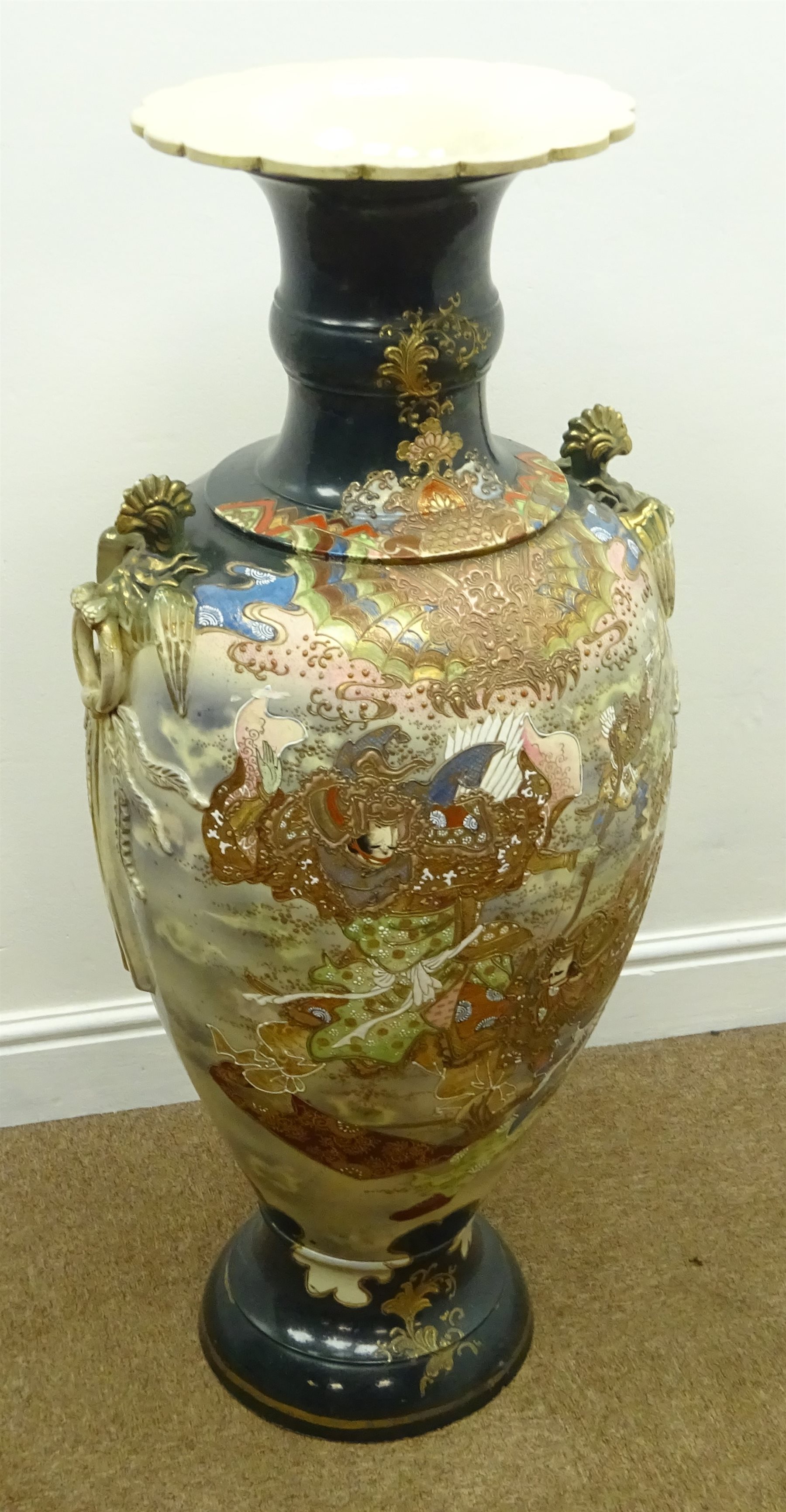 Large Japanese Satsuma two handled floor vase of baluster form with