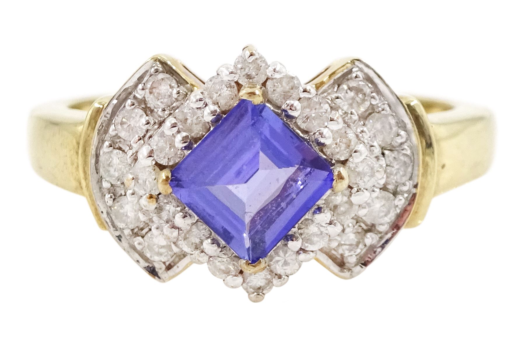 9ct gold square cut tanzanite and round brilliant cut diamond ring, hallmarked, tanzanite approx 0.45 carat