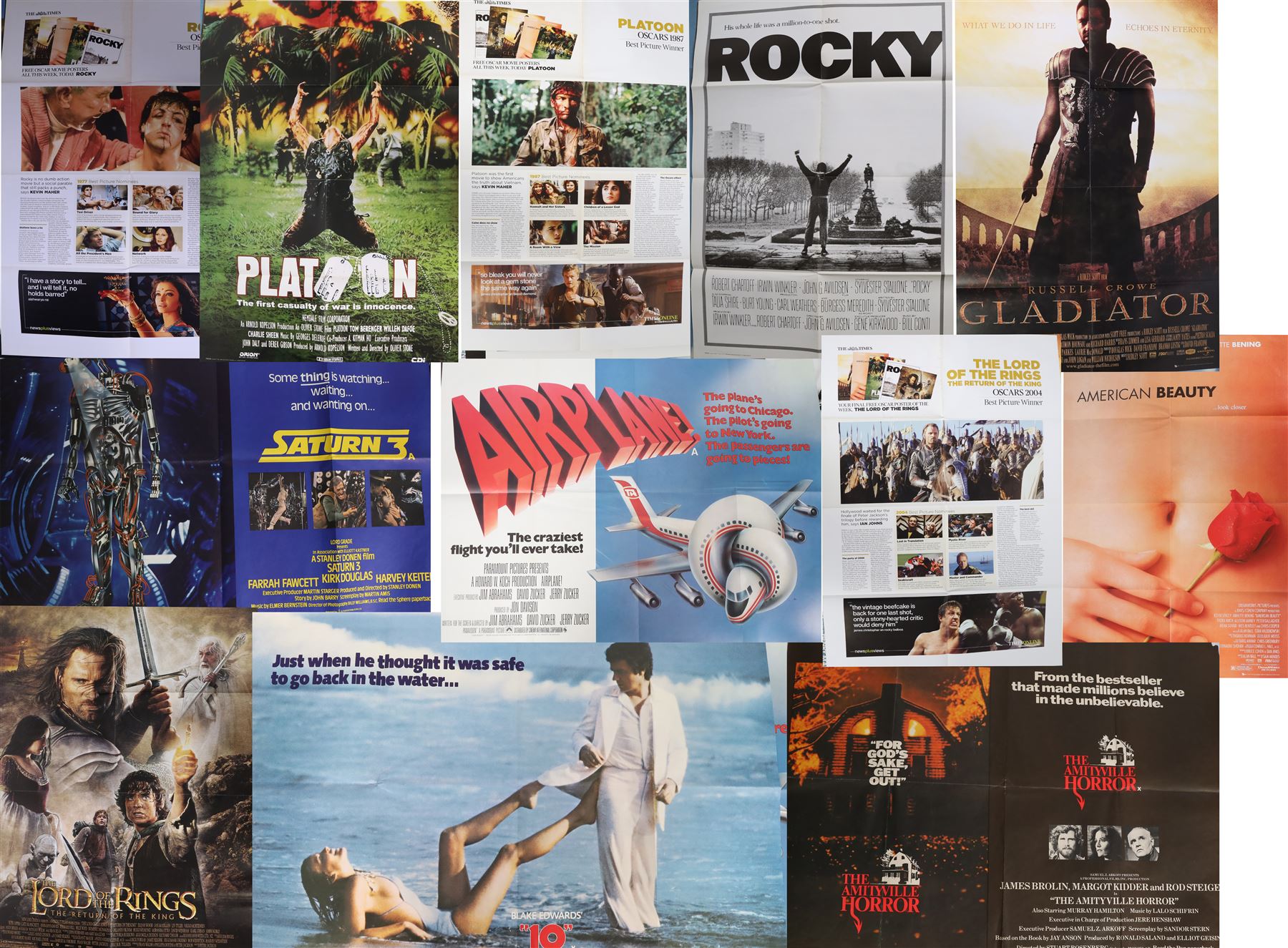 Nine film posters, including Saturn 3, Airplane, Amityville Horror, 10 and five Oscar Winners examples given free with The Times in 2007