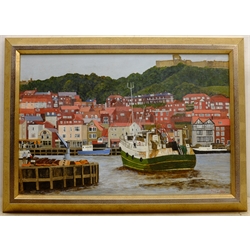 Tom S Hoy (British 20th century): Scarborough Harbour Looking Towards the Castle, acrylic on board signed 43cm x 59cm