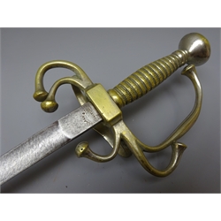  18th century French rapier, the 80.5cm steel blade inscribed Coulaux & Co Klingenthal, cast brass hilt with traces of plating, knuckle bow, oval guard and upward curving quillons with simulated rope twist grip and onion shaped pommel 95cm overall  