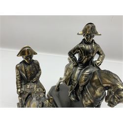 Two figures of Napoleon on horseback, one example standing on octagonal bases marked 'G R France' indistinctly signed, the other on a rectangular base, H19cm 