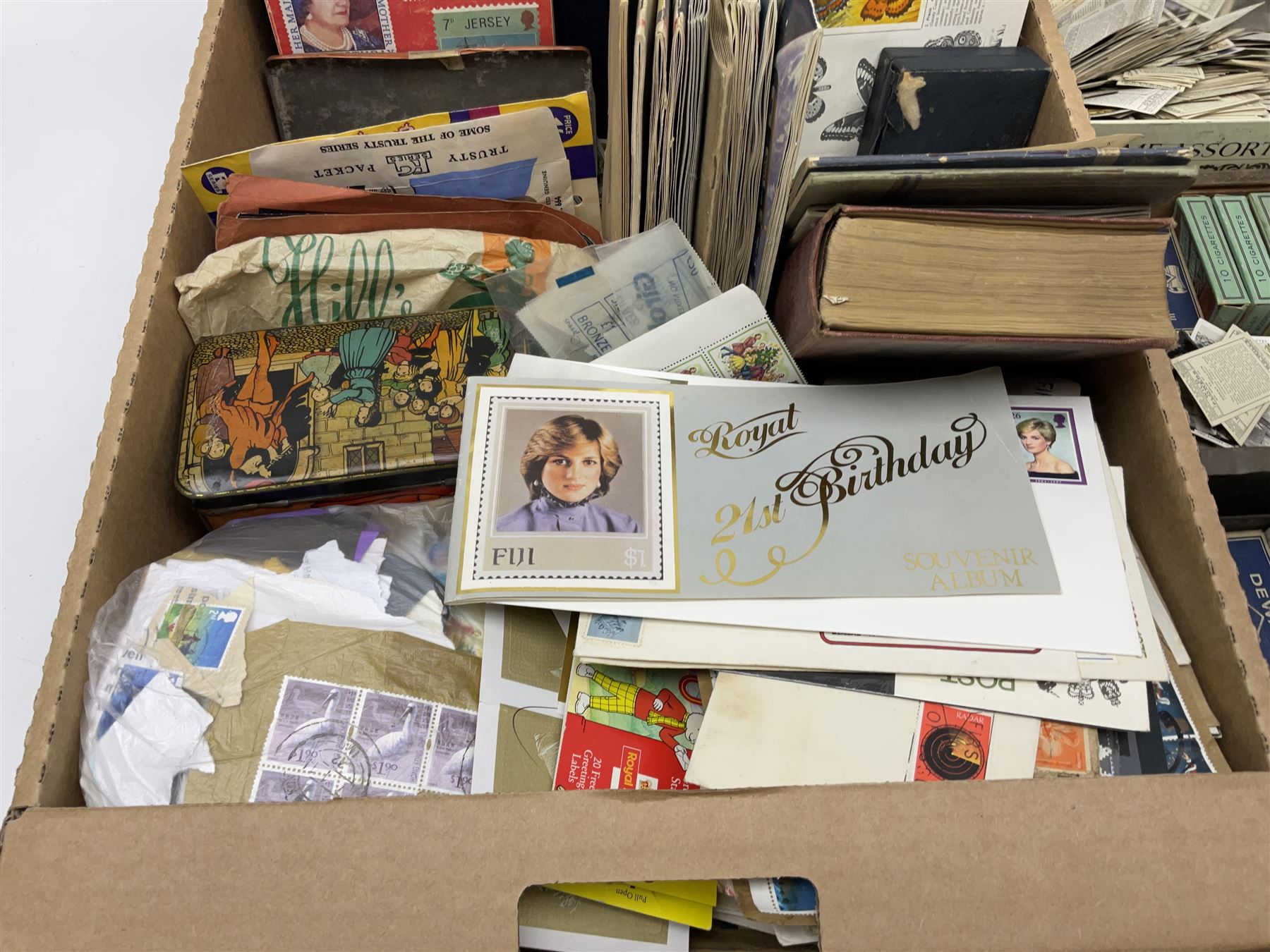 Great British and World stamps, trade cards, ephemera and miscellaneous items, including small number of Queen Elizabeth II mint decimal stamps, Antigua, Ascension, Australia, Australia, Barbados, Basutoland, British Honduras, Canada, Great Britain King George V used seahorses etc, in one box