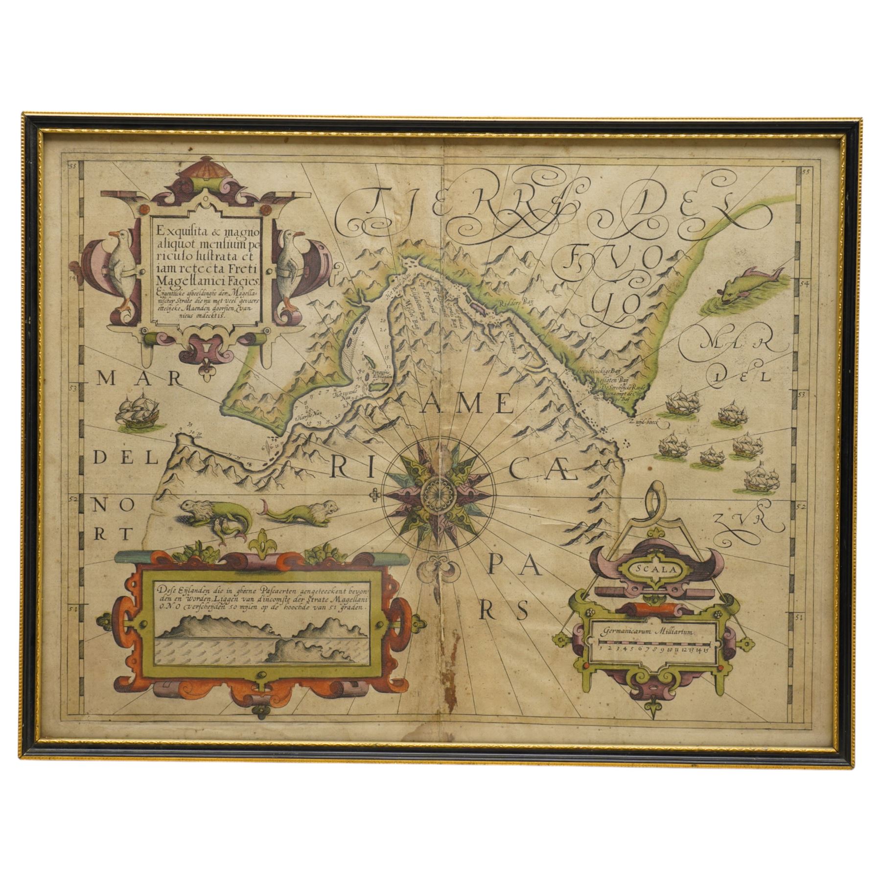 Gerard Mercator (Flemish 1512-1594): 'Exquisita & magno aliquot mensium periculo Lustrata et iam retecta Freti Magellanici Facies', early 17th century engraved map and sea chart with hand-colouring of the Straits of Megellan in South America pub. c.1609, 37cm x 48cm