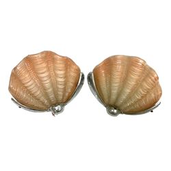 Pair of 1930s Art Deco wall lights, the opaque pink clam shell form glass shades with stylised chrome mounts, W26cm