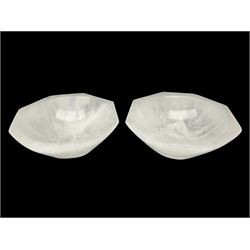 Pair of hexagonal shaped selenite crystal bowls, D10cm