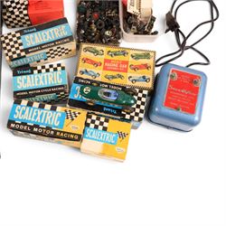 Tri-ang Scalextric Model Motor Racing set C.M.3, with five Tri-ang Scalextric slot car models, including Lotus 1961 in blue, Lotus 1961 in green, Typhoon motorbike and sidecar, B12 Hurricane motorbike and sidecar and Aston Martin DB4 GT,  all boxed, together with Merit Racing Car Assembly Kit, kit built Revell Model Racer Mercedes Benz 300SL Coupe, part built Revell Triumph TR4, Indi-Novi-Ferguson slot car and other accessories 