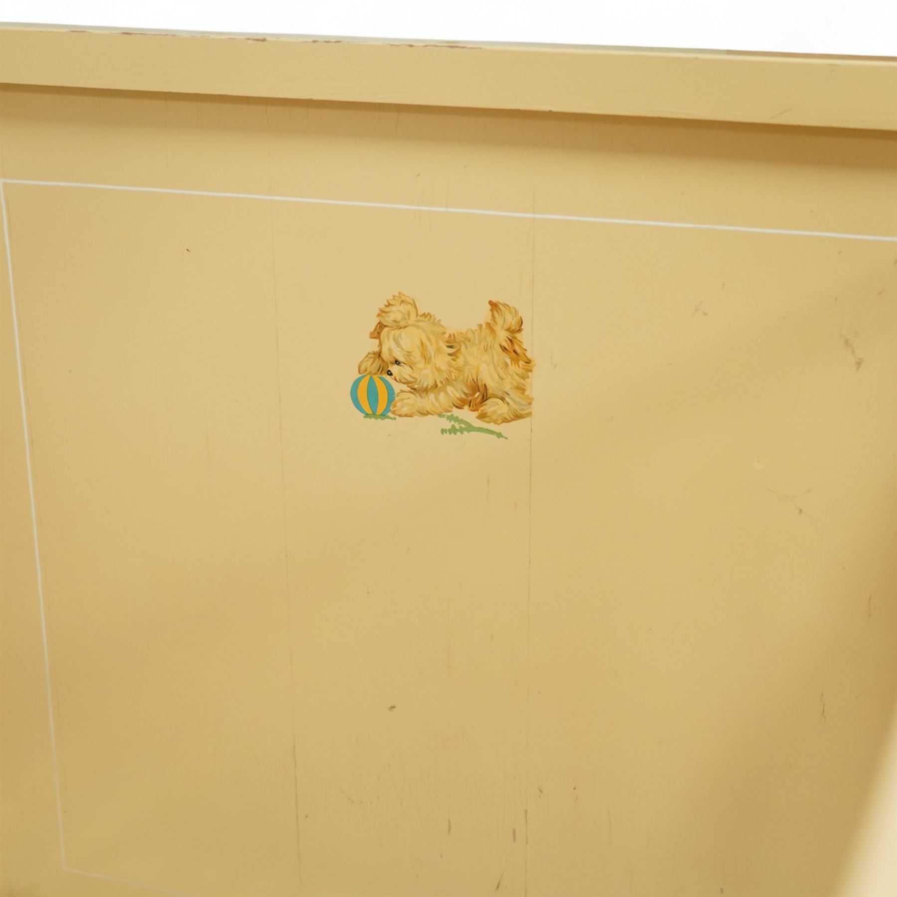 *Mid 20th century nursery set, comprising a cream painted metal cot with adjustable base, a wicker baby basket on wheeled stand, and a folding nursery screen with printed fabric panels decorated with playful animal and teddy bear motifs

Cot (H 112cm, W 136cm, D 77cm)
Screen (H 139cm, W 148cm) 
Basket (H 72cm, W 59cm, D 40cm)From the Kirkham Hall Attic & Cellar Collection, sold without reserve