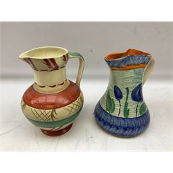 Seven Myott Son & Co hand painted jugs, all with printed mark beneath, H21cm