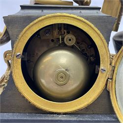 French - 19th century Belgium slate and marble 8-day mantle clock c1860, surmounted with a cast brass figure of the French poet  Ernest Legouve, holding a copy of his collection of poems 