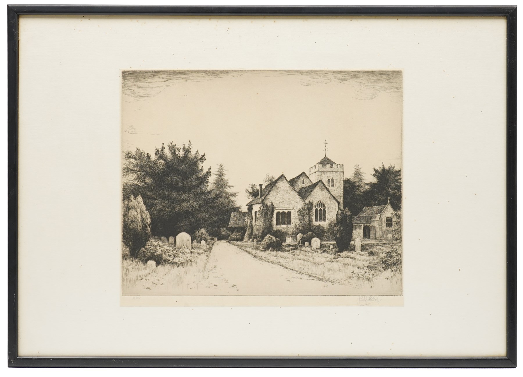 William Renison (Scottish 1893-1938): House of Saint Veronica - Via Dolorosa Jerusalem and French Town Centre; Frank Harding (British fl.1885-1890): 'Christchurch Priory'; John Fullwood (British 1851-1931): Churchyard, and Georges Huardel-Bly (French 1872-?): The Old Curiosity Shop, five monochrome etchings signed in pencil max 44cm x 30cm (5)