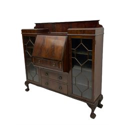 Early 20th century mahogany bureau bookcase, central fall front with fitted interior flanked by two glazed cabinets 