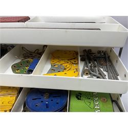 Meccano - quantity of playworn sections in red, green, blue and yellow; in plastic cantilever box