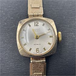 9ct gold Summit 17 Jewels ladies manual wind wristwatch, on 9ct gold articulated strap, stamped 375