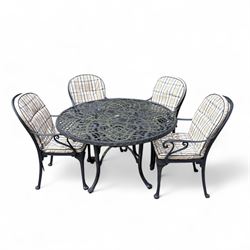 Painted aluminium circular garden table, and four chairs