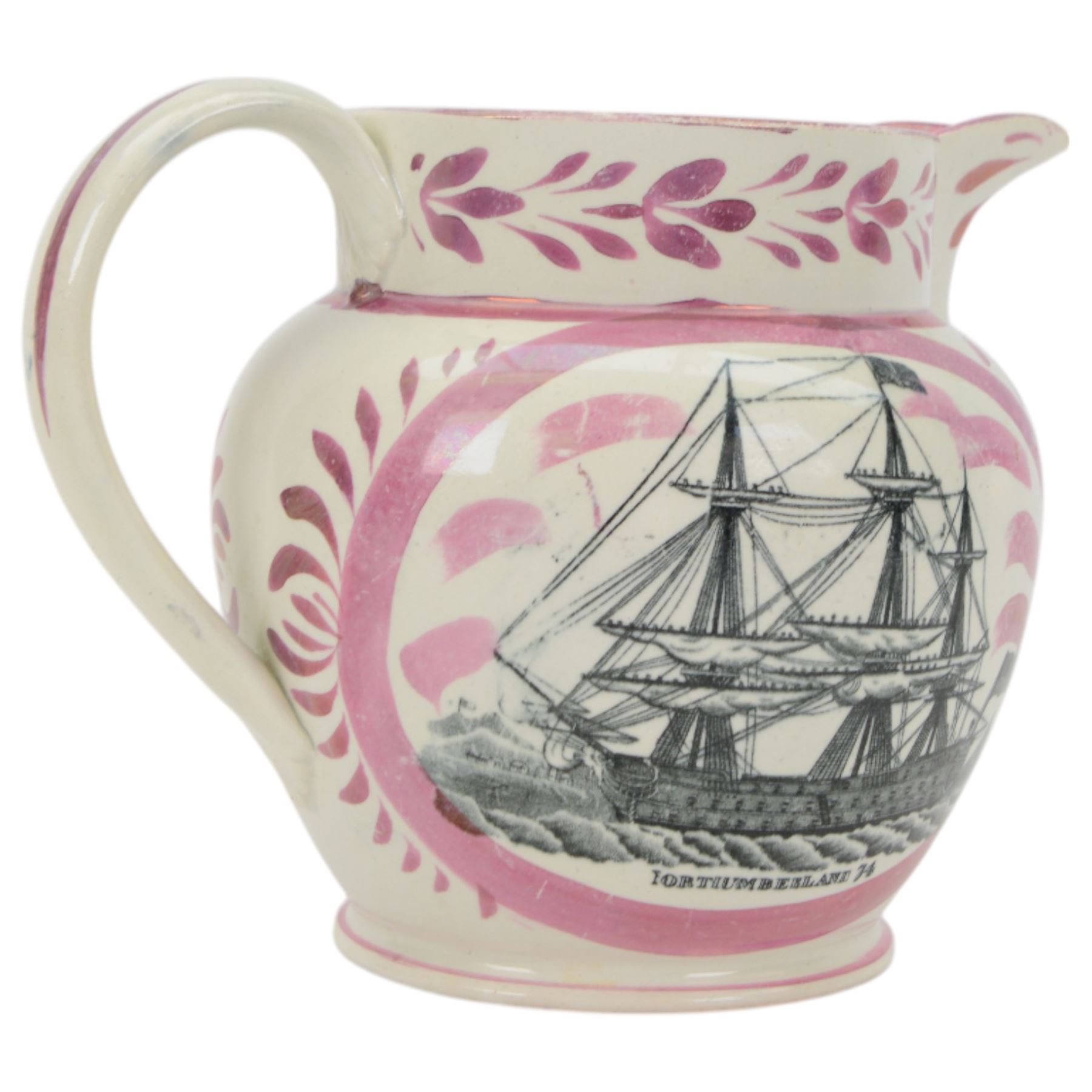 19th century Sunderland lustre jug, transfer printed with Northumberland 74, verse on Time to the front and the verse 'Swiftly see each moment flies...' to the other side, H18cm