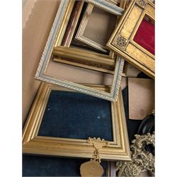 Brass easels, onyx box, frames, costume jewellery, pen nibs, etc, in two boxes