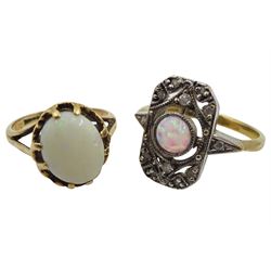 Gold opal and diamond panel dress ring and a gold single stone opal ring, both hallmarked 9ct, pair of silver amber pendant stud earrings and a silver stone set bracelet, stamped 925