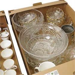 Copeland Spode for Harrods 'Old Bow' cups and saucers, Wedgwood 'Ashford' bone china coffee set and a various collection of glassware, decanter, trifle bowls, tea set, etc. Contents in three boxes 