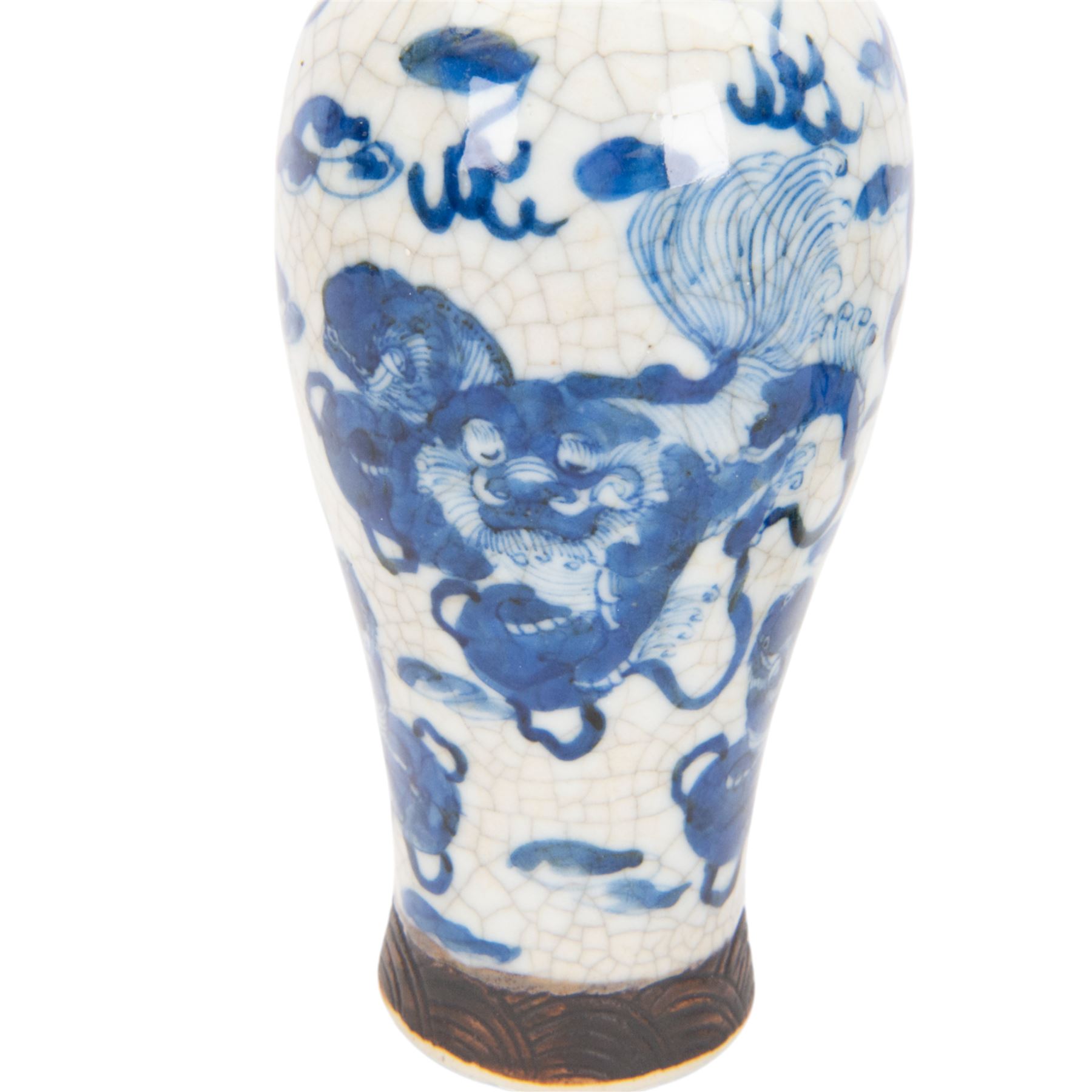 Pair of 20th century Chinese crackle glaze vases, of baluster form, decorated with dogs of foo amongst clouds, H23cm