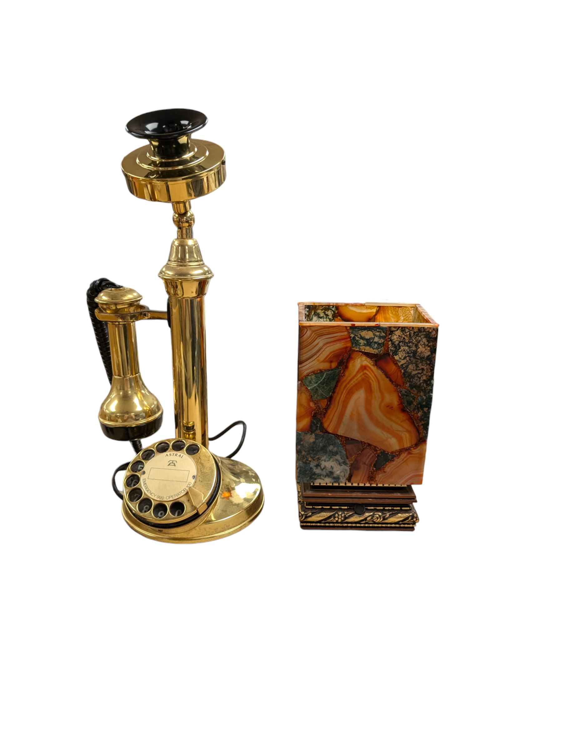 Astral candlestick telephone and an agate slice table lamp