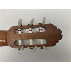 British hand made classical acoustic guitar by Huw Morgan with Indian rosewood back and sides and spruce top; bears label dated May 1998; L100cm; in Tribal Planet lightweight carrying case