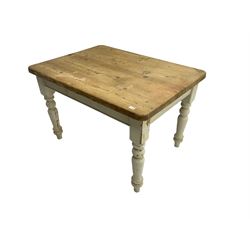 Traditional pine kitchen table with white painted base, rectangular top over single drawer, raised on turned supports