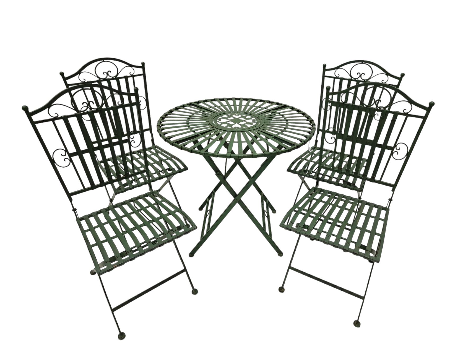 Wrought metal slatted round folding garden table and four chairs in green finish - THIS LOT IS TO BE COLLECTED BY APPOINTMENT FROM DUGGLEBY STORAGE, GREAT HILL, EASTFIELD, SCARBOROUGH, YO11 3TX