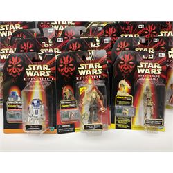 Star Wars - twenty-five 1998/1999 Star Wars Episode One figures and accessory sets by Hasbro in original card backed packaging; both Collection 1 and 2 with Electronic Commtalk reader for each figure's commtalk chip.