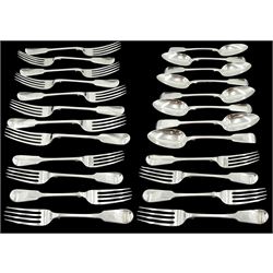 Victorian silver Fiddle pattern part canteen for eight place settings, comprising table forks, side forks, and dessert spoons, each with engraved crest to terminal, hallmarked H J Lias & Son, London 1849, approximate total weight 44.68 ozt (1390 grams)


