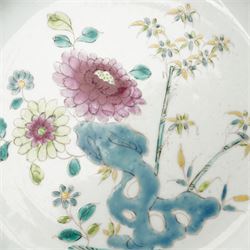 18th century Bow porcelain canted rectangular plate, painted in polychrome chinoiserie and a similarly decorated Bow plate, c1760, rectangular plate W27cm (2)