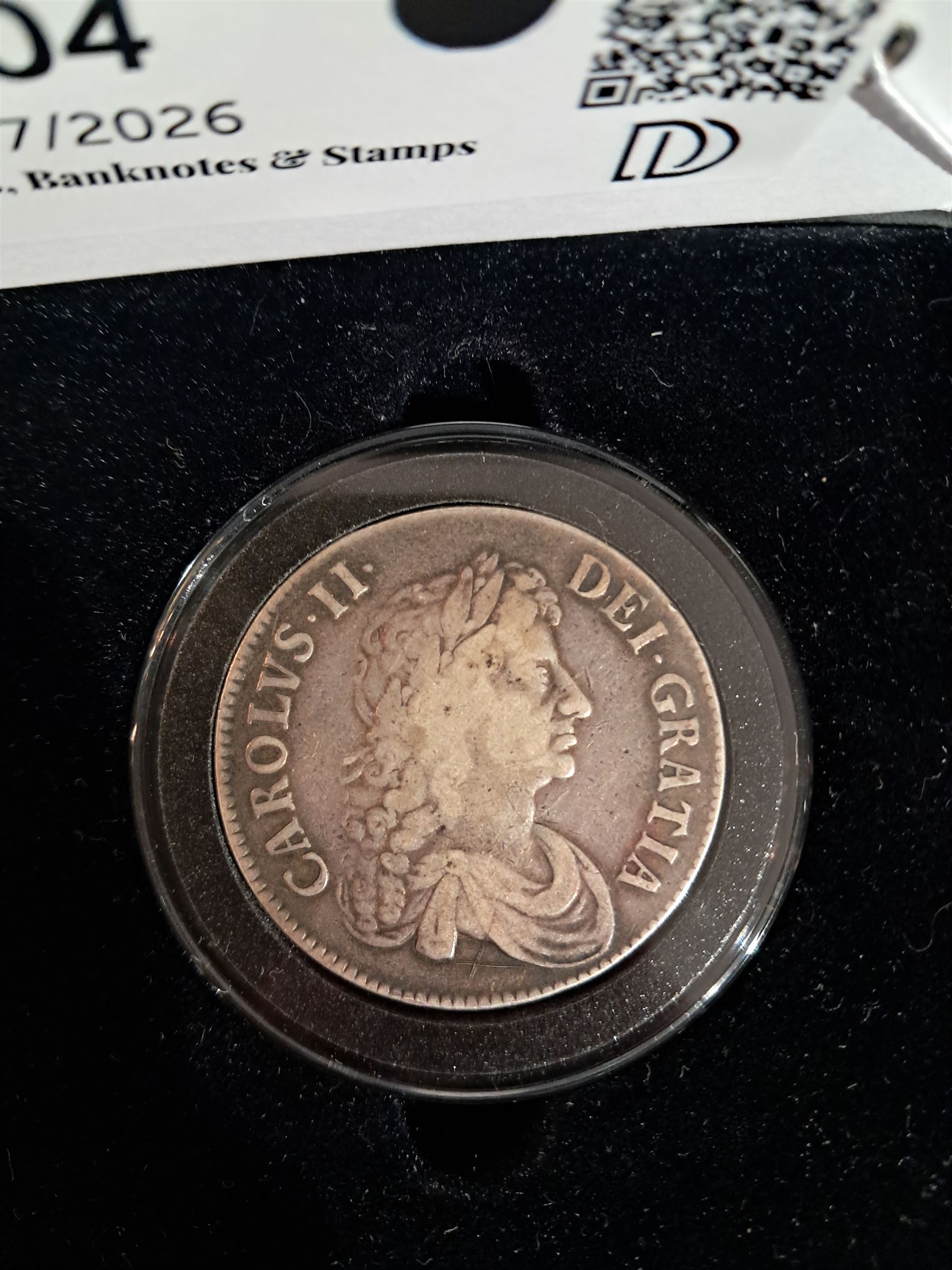 Charles II 1672 silver one crown coin, in Hattons of London case