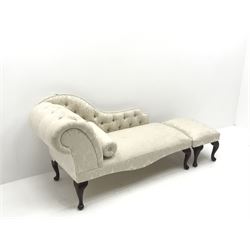Small chaise longue, serpentine back, scrolling arm, upholstered deep buttoned cream damask fabric (W57cm, H77cm, L143cm) with stool upholstered in matching fabric (2)