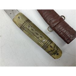 Caucasian qama or kindjal dagger, the 15cm pointed double edged blade with centre fuller and two-piece horn grip;  in nickel plated scabbard with panels of figures and script L28.5cm overall; and eastern knife with 20.5cm curving blade and decorative horn grip; in leather covered scabbard (2)