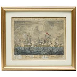John Ogilby (British 1600-1676): ''The Road from London to Flamborough Head', 17th century engraved strip map with hand-colouring 36cm x 45cm; 'Defeat of the French Feet Commanded by Marshal Conflans... 1759 by the Hon Sir Edward Hawke Admiral of the Blue', 18th century engraving with hand-colouring 19cm x 24cm (2) 