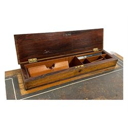 Late Victorian walnut writing table, rectangular leather-inset top surmounted by a brass gallery, fitted with a single frieze drawer, raised on turned tapering supports with lower undertier and ceramic castors