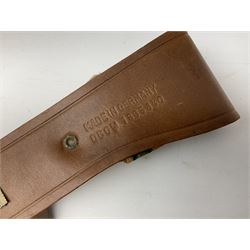 German Auto Puma camp knife, the 15cm steel blade marked model 6390, serial No.77473 to guard, fixed blade, hardwood scales; in original hard plastic case; with brown leather sheath L29cm overall