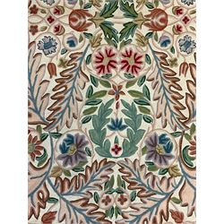 Crewel work wool chain wall hanging or rug, decorated with leaves and flower heads, the border with trailing floral pattern