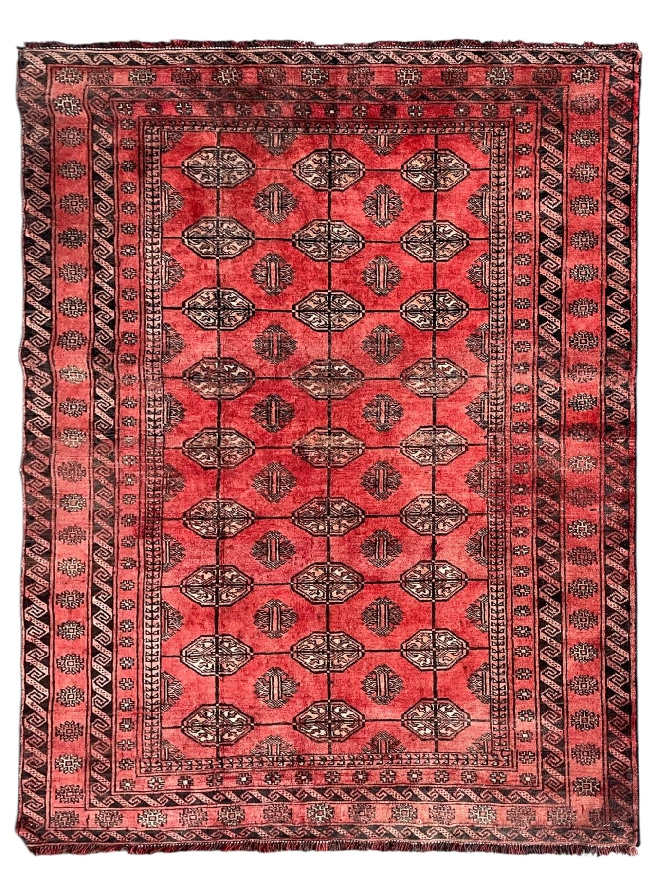 Afghan Bokhara red ground rug, the field decorated with three rows of Gul motifs, within multiple band borders decorated with trailing hook and geometric motifs 