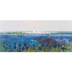 Miguel Torres (Spanish 1948-): Field of Sunflowers and Field of Blue Flowers, two oils on canvas signed 20.5cm x 20.5cm and 12.5cm x 28cm (2)