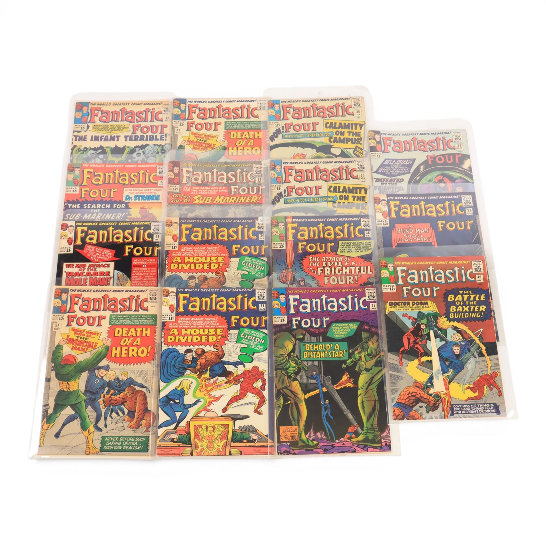 Fifteen Marvel Silver Age 'The Fantastic Four' comic books, spanning years 1963-1965, comprising issues #24, #27, #31-#40, including several duplicates