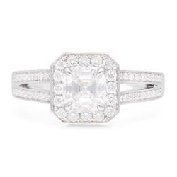 Platinum diamond cluster ring, the principal asscher cut diamond of 1.01 carat, with HRD report, colour F, clarity VS1, with round brilliant cut diamond surround and diamond set shoulders, hallmarked, total diamond weight 1.34 carat