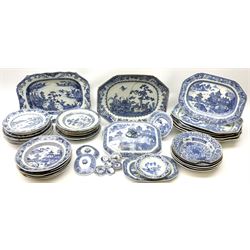 A large collection of late 18th/early 19th century Chinese blue and white porcelain, to include various sixed platters, plates, and covers, decorated with varied landscapes and flowers, (all a/f). 