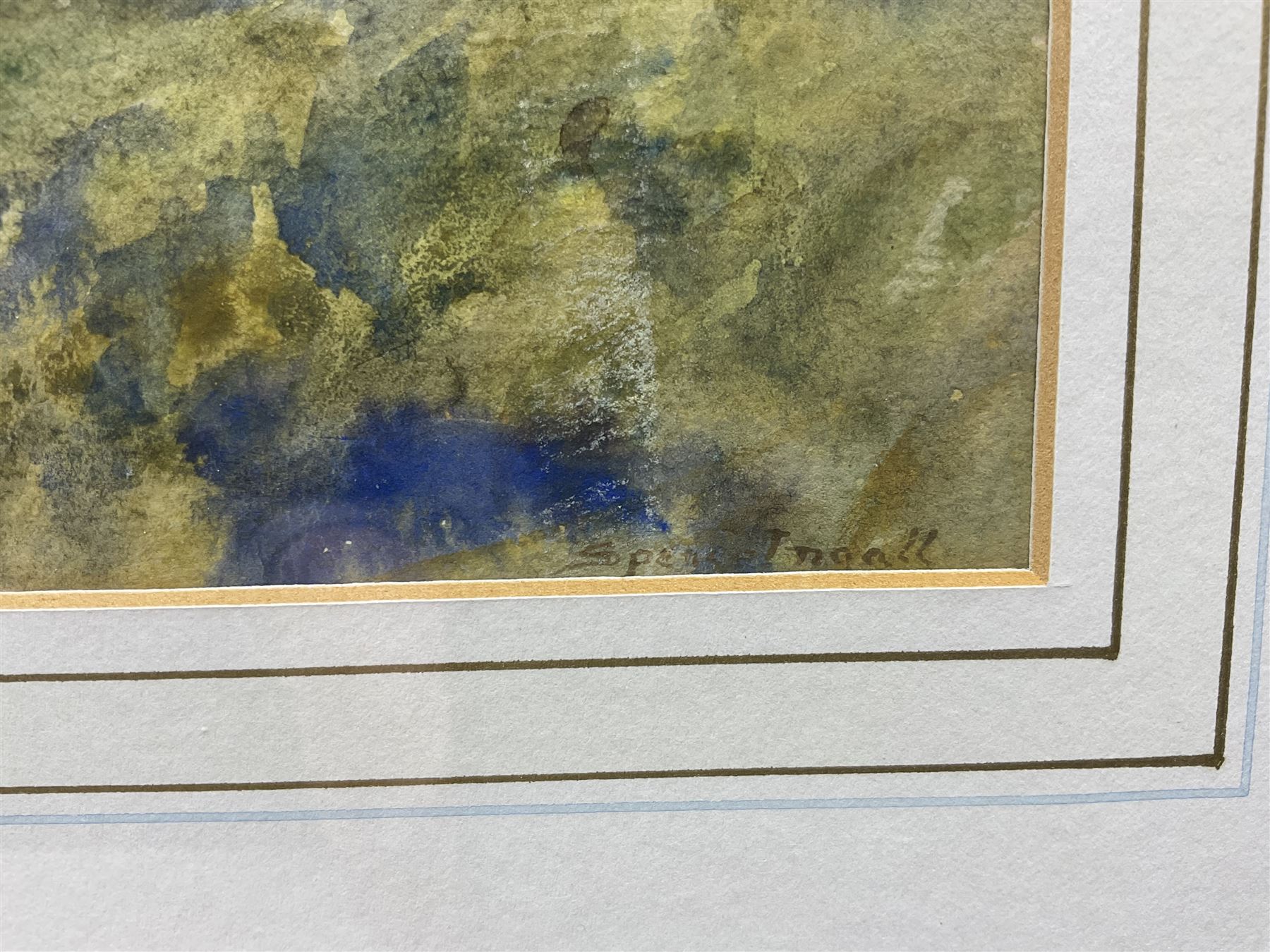 John Spence Ingall (Staithes Group 1850-1936): 'Runswick Bay - looking over the Sands to Hob Holes', watercolour signed, titled on label verso 16cm x 34cm 
Provenance: a wedding present to the artist's godson, Peter Hill, in 1935, thence by descent through the family of Mark Senior. Peter Hill, born 1909, was the son of Ingall's friend and fellow Staithes Group member Rowland Henry Hill.