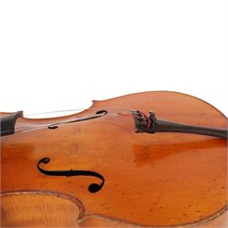 19th century cello, with two piece back and ebonised finger board, contained within a hardcase, cello back length 75cm