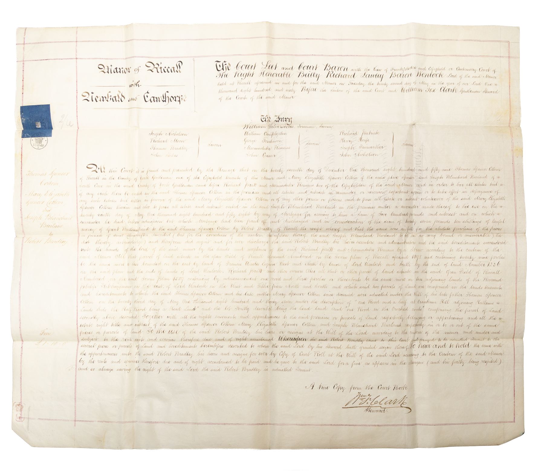 Yorkshire manorial interest - collection of 18th and 19th century vellum and paper court copyhold, admittance, surrender and lease documents relating to the Manor of Dunnington and Dunnington Hall, the Manor of Riccall with Newbald and Cawthorpe, and the Manor of North Duffield with the Members, together with similar documents for Warthorpe Hall, Allerthorpe Hall, Murton and surrounding areas, many retaining original seals, in one box
