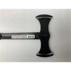 Estwing Black Eagle style double bit throwing axe with leather grip, virtually mint with labels present, plastic blade protectors and nylon sheath L43cm; another smaller Estwing axe stamped 24A to the pommel, with leather grip and sheath; and a vintage short handled hedge knife, the blade stamped IH (?) No.2 (3)