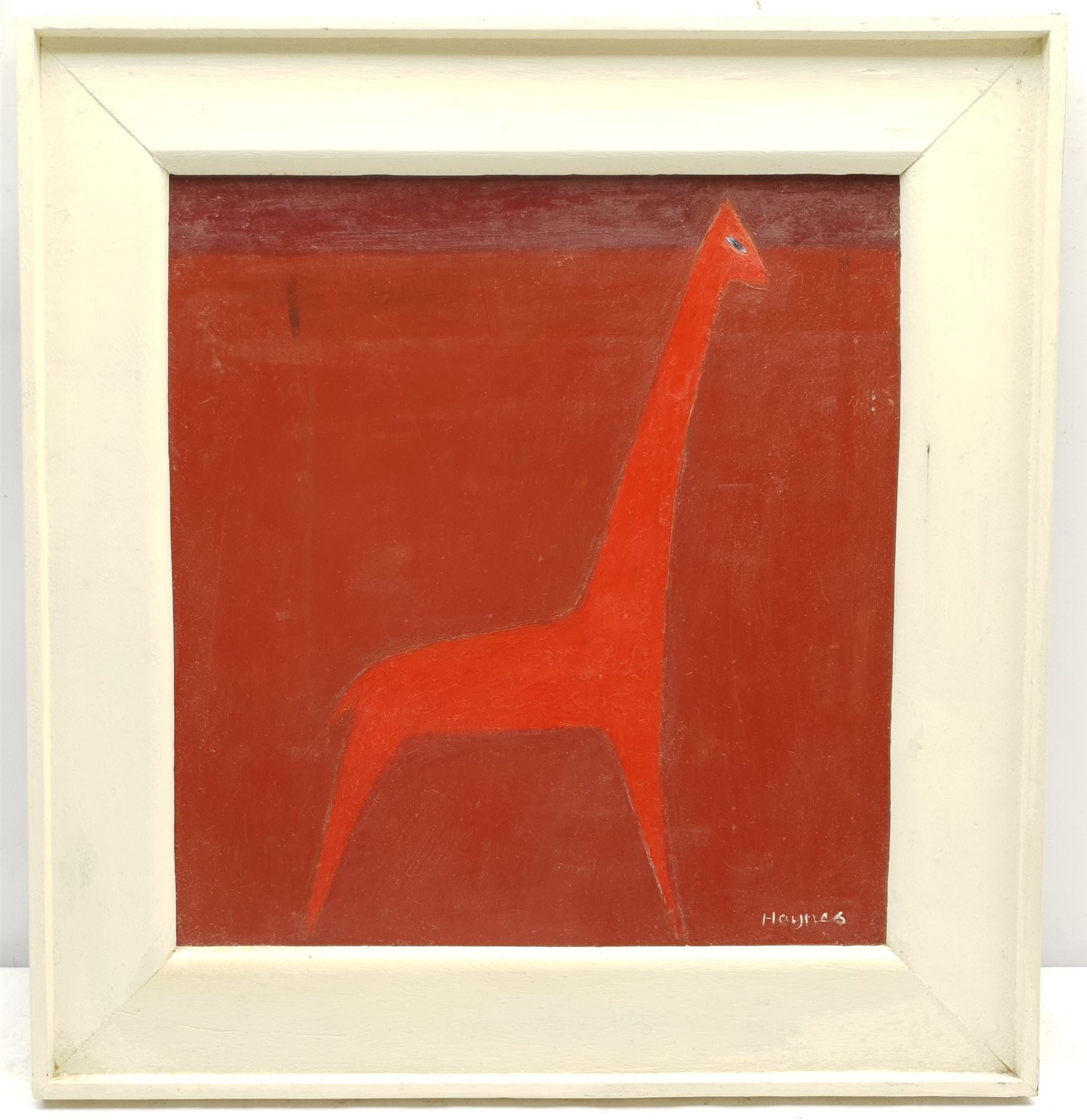 Mark Haynes (British 20th century): 'A Dancing Giraffe in Red', oil on board signed 35cm x 33cm 